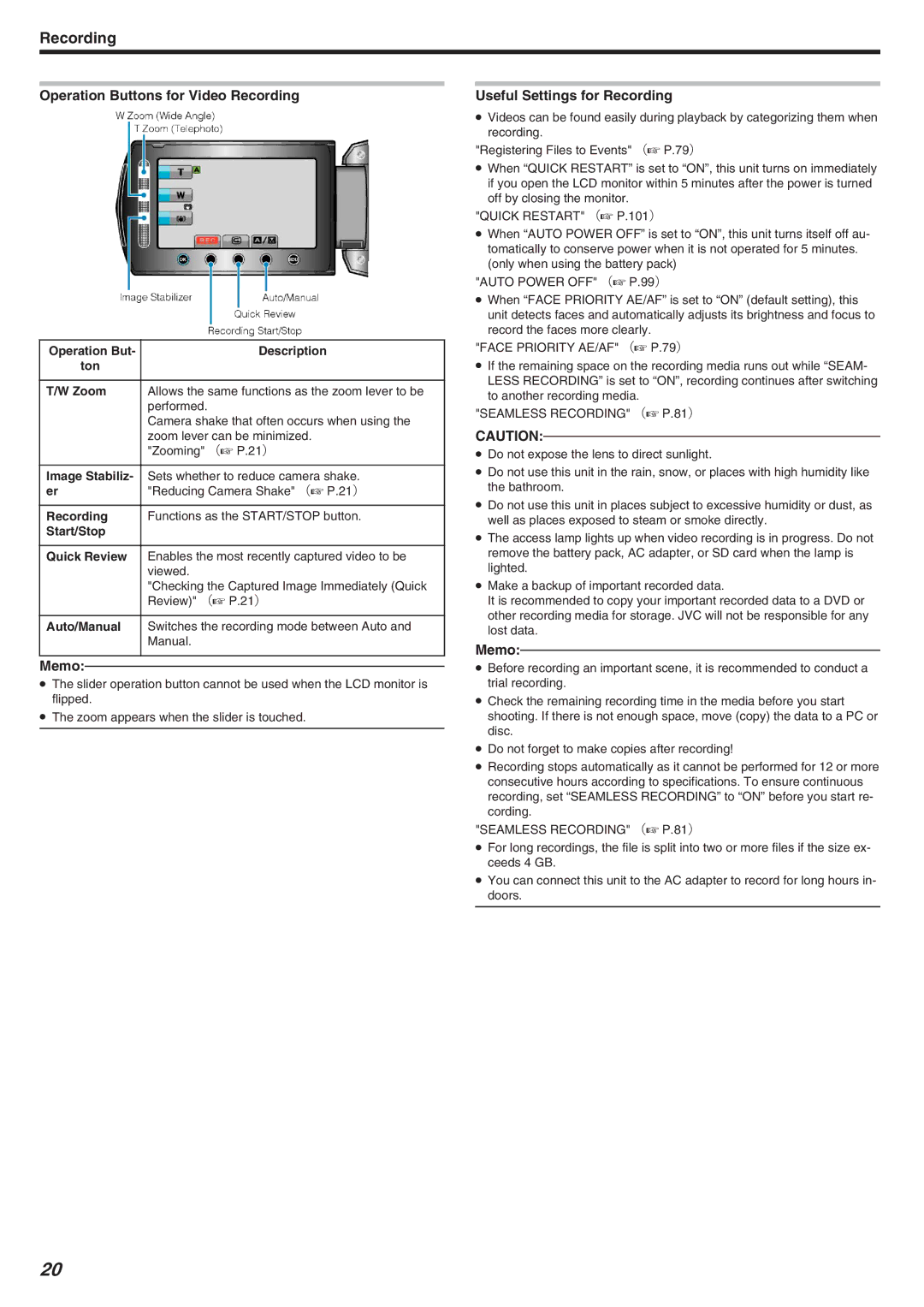 JVC GZ-HM340 manual Operation Buttons for Video Recording, Useful Settings for Recording 