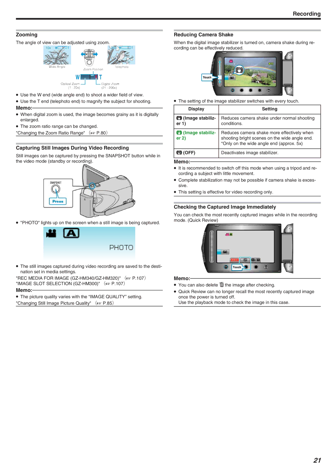 JVC GZ-HM340 manual Zooming, Capturing Still Images During Video Recording, Reducing Camera Shake, Display 