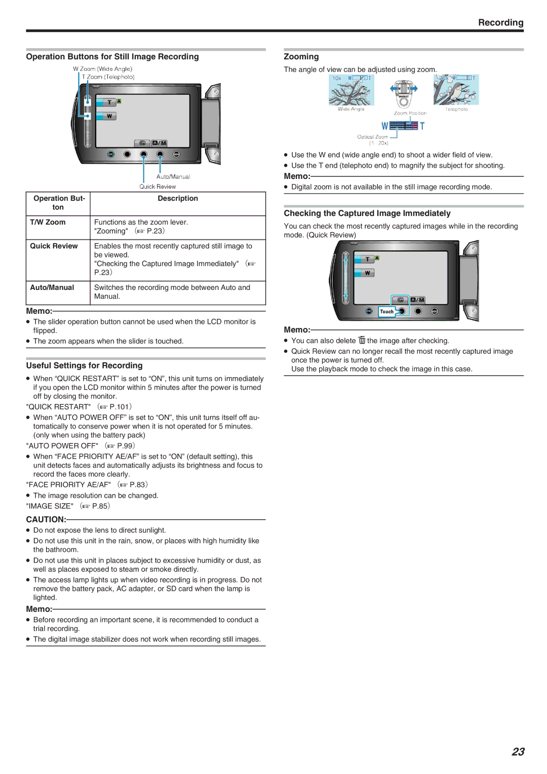 JVC GZ-HM340 Operation Buttons for Still Image Recording, Operation But Description Ton Zoom, Face Priority AE/AF （A P.83） 