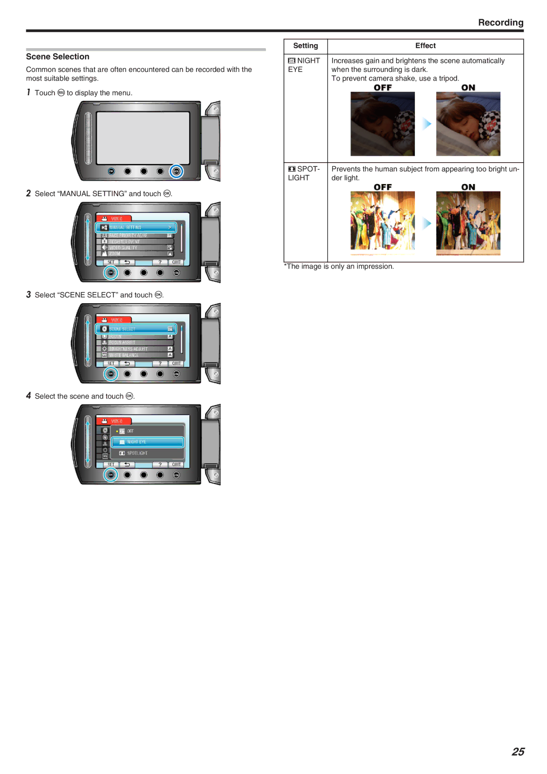 JVC GZ-HM340 manual Scene Selection, Setting Effect, Eye, Light 