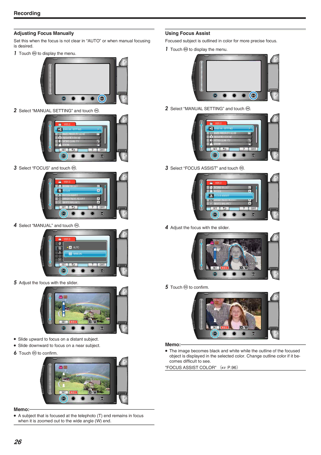 JVC GZ-HM340 manual Adjusting Focus Manually, Using Focus Assist, Focus Assist Color （A P.96） 