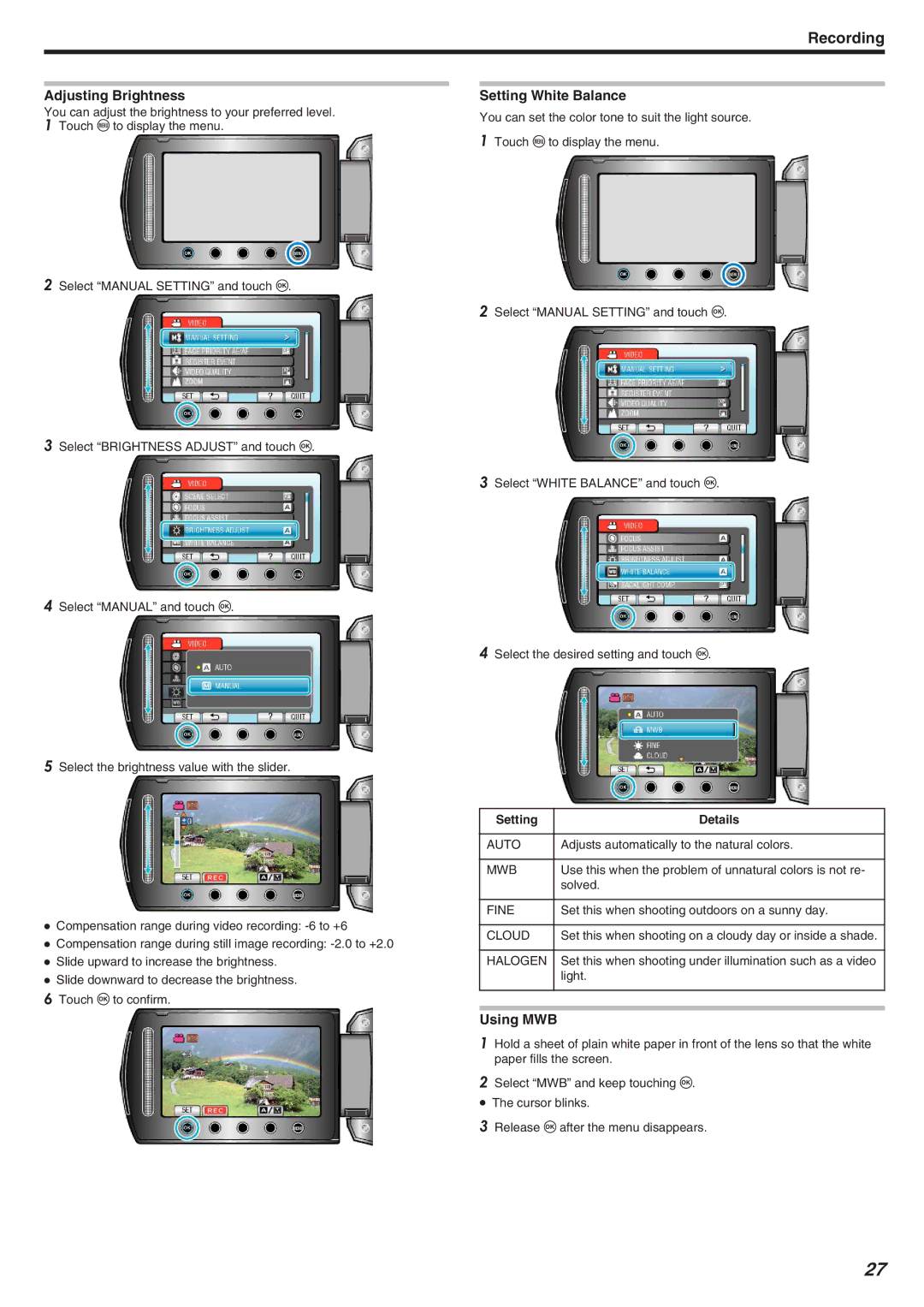 JVC GZ-HM340 manual Adjusting Brightness, Setting White Balance, Using MWB, Setting Details 