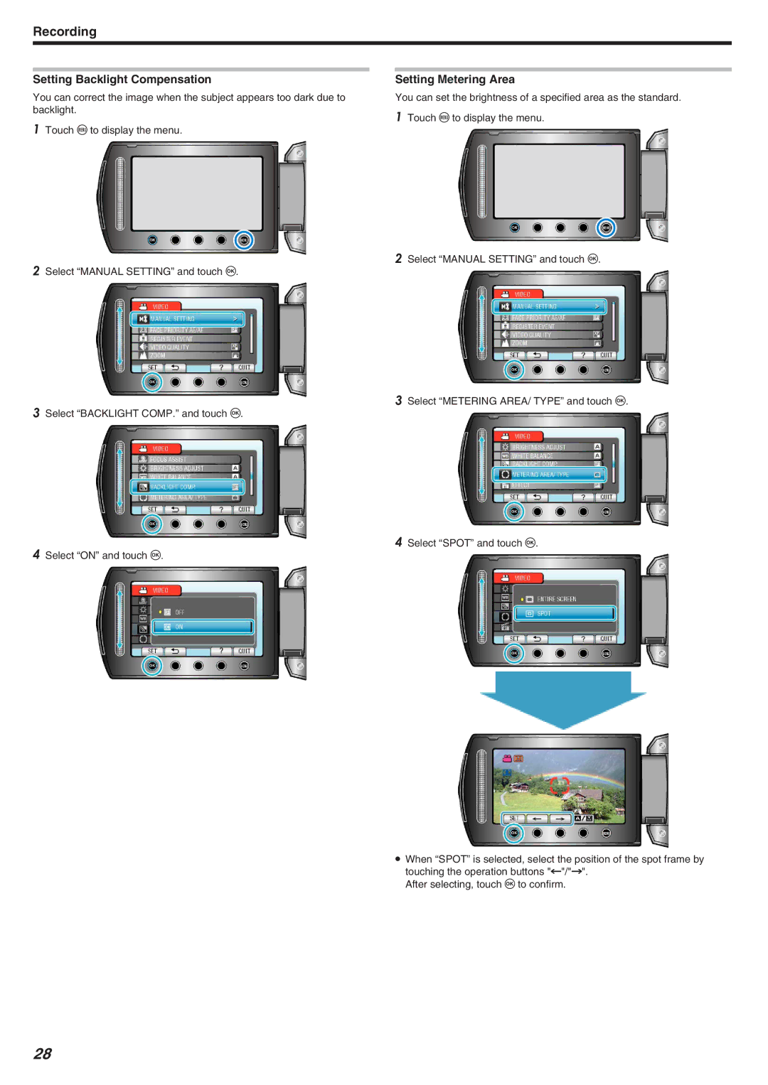 JVC GZ-HM340 manual Setting Backlight Compensation, Setting Metering Area 