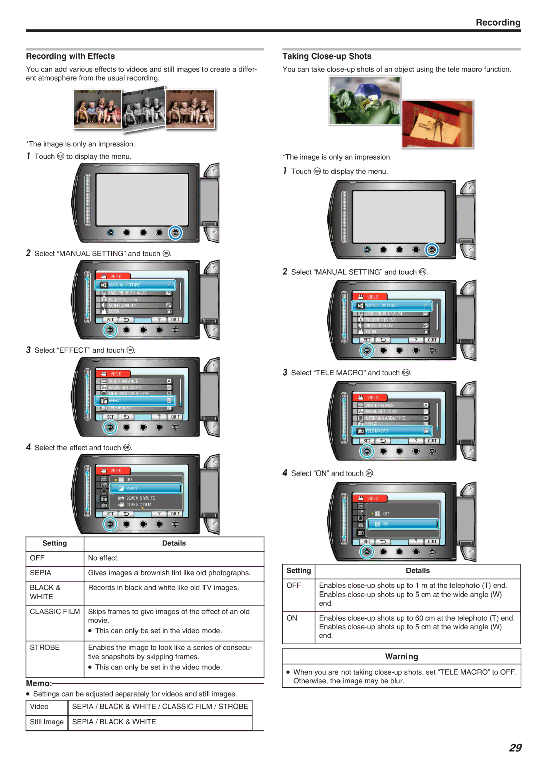 JVC GZ-HM340 manual Recording with Effects, Taking Close-up Shots 