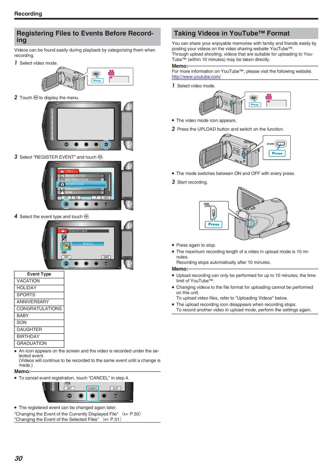 JVC GZ-HM340 manual Registering Files to Events Before Record- ing, Taking Videos in YouTube Format, Event Type 