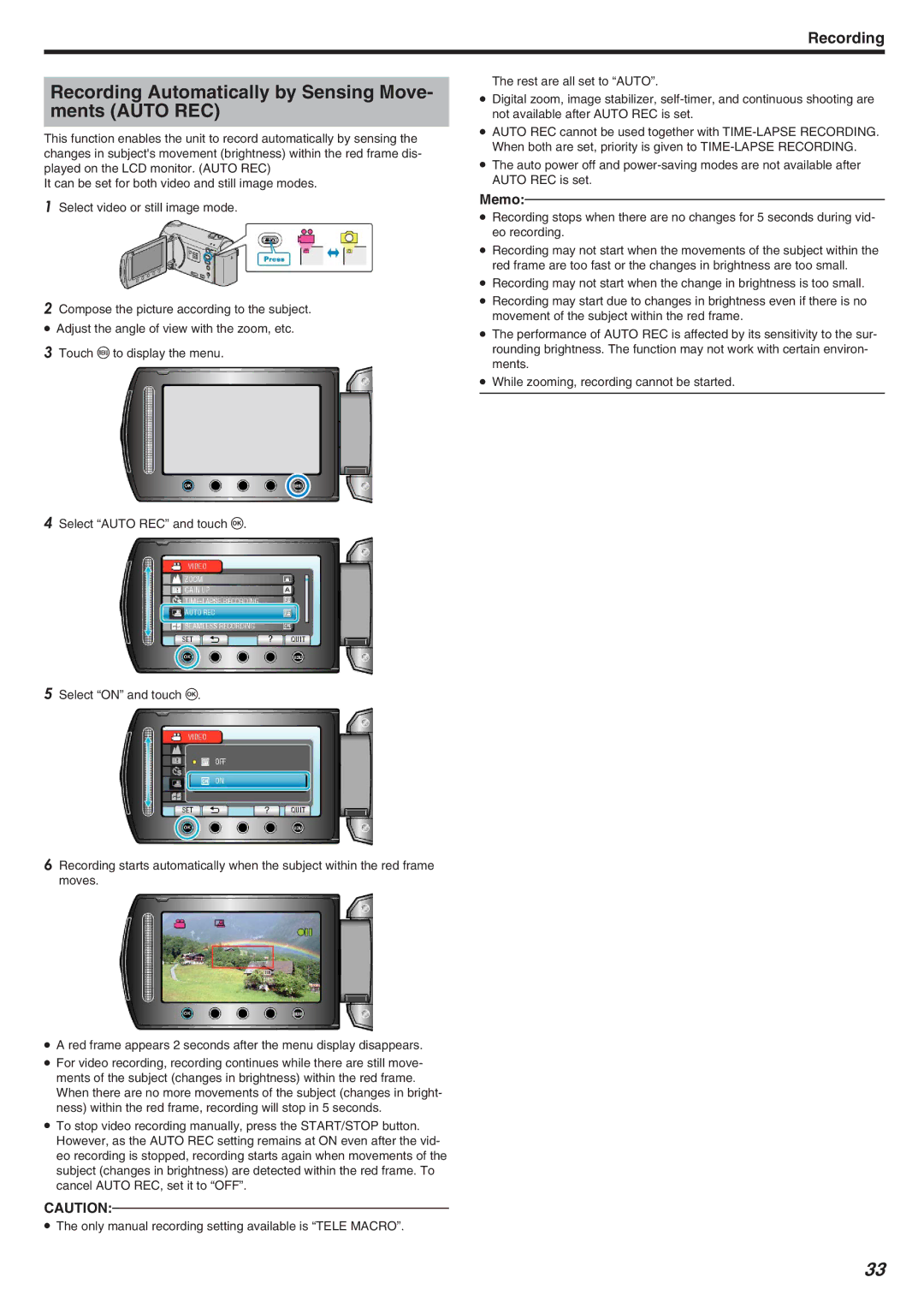 JVC GZ-HM340 manual Recording Automatically by Sensing Move- ments Auto REC 