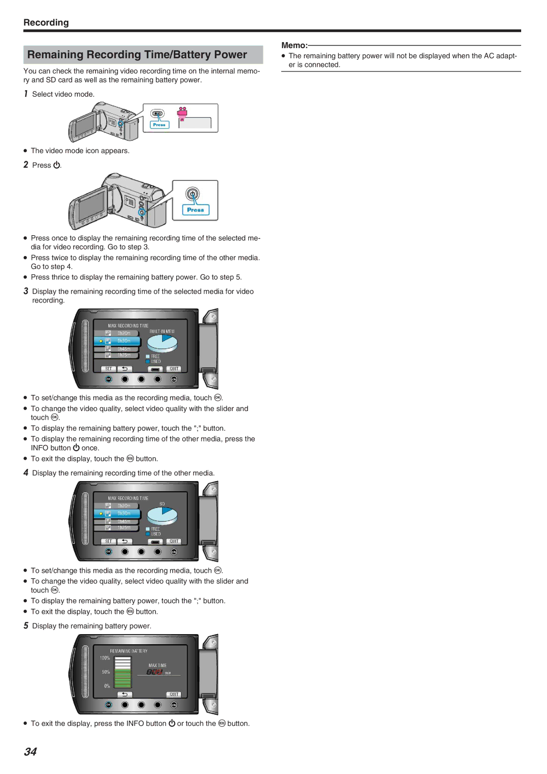 JVC GZ-HM340 manual Remaining Recording Time/Battery Power 