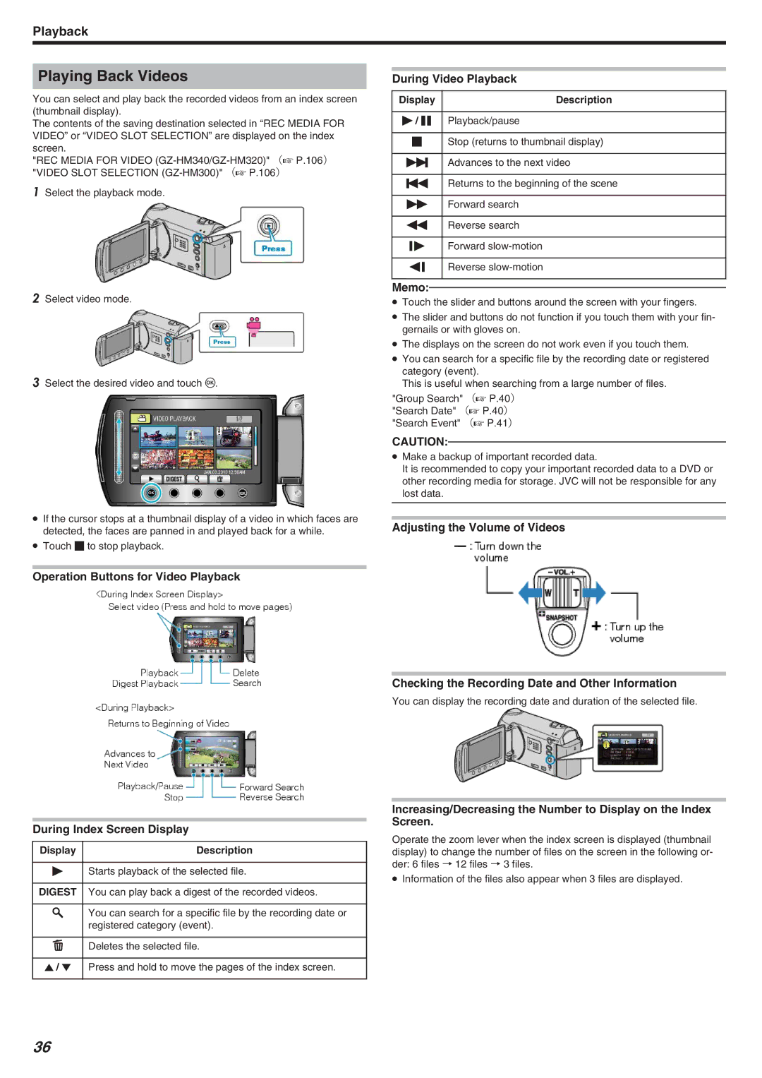 JVC GZ-HM340 manual Playing Back Videos, During Video Playback, Display Description 