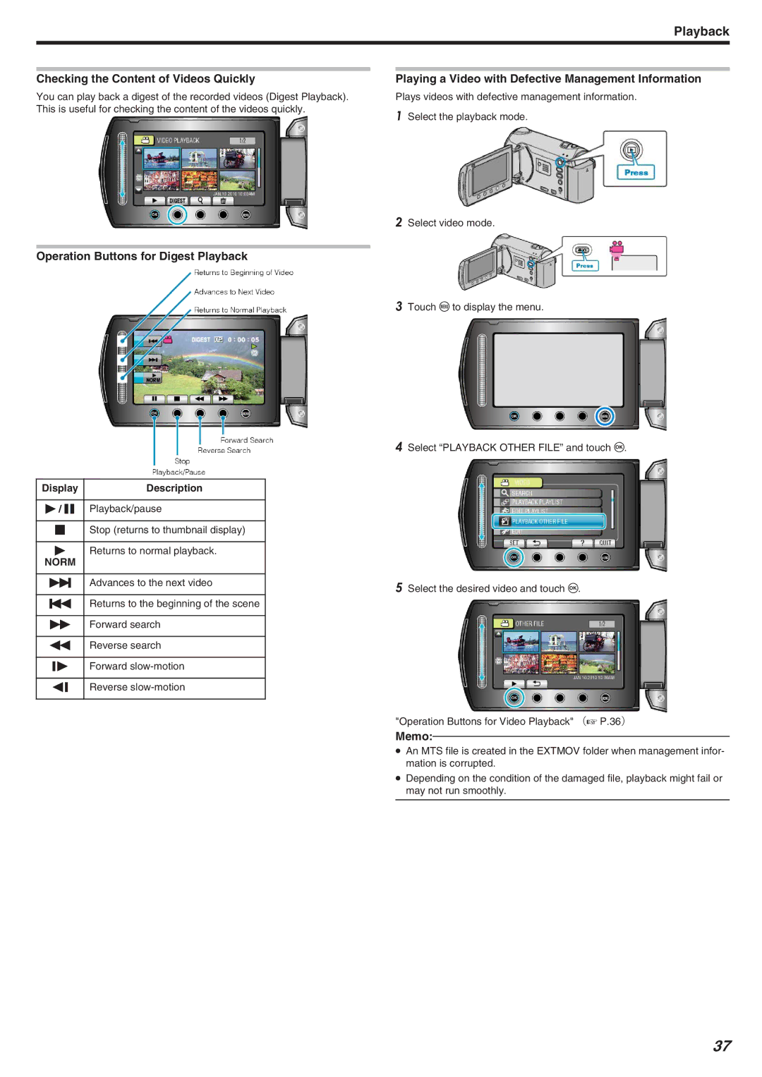 JVC GZ-HM340 manual Checking the Content of Videos Quickly, Operation Buttons for Digest Playback 