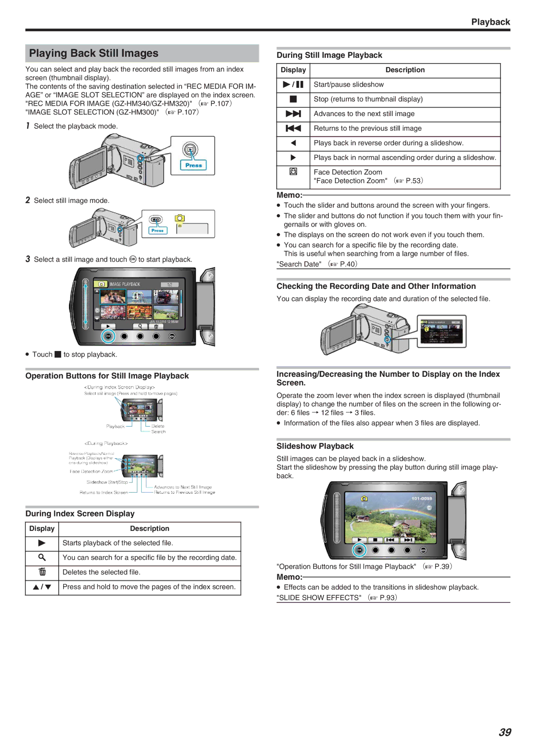 JVC GZ-HM340 manual Playing Back Still Images, During Still Image Playback, Slideshow Playback 