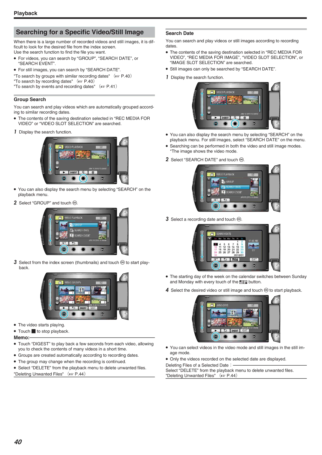 JVC GZ-HM340 manual Searching for a Specific Video/Still Image, Group Search, Search Date 