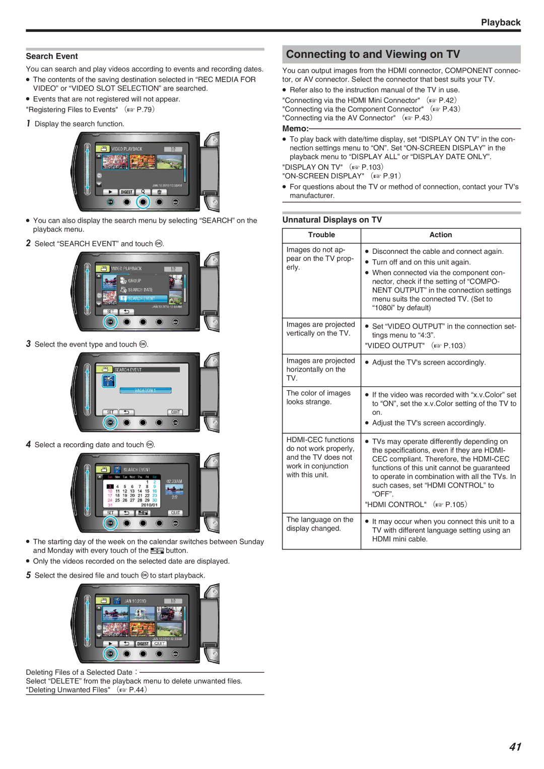 JVC GZ-HM340 manual Connecting to and Viewing on TV, Search Event, Unnatural Displays on TV, Trouble Action 