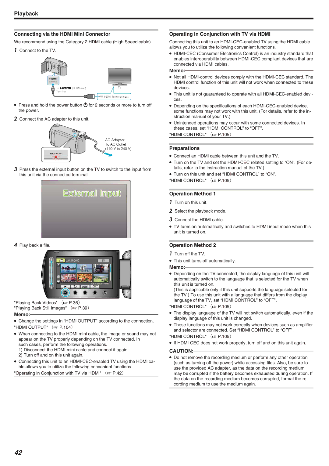 JVC GZ-HM340 manual Connecting via the Hdmi Mini Connector, Operating in Conjunction with TV via Hdmi, Preparations 