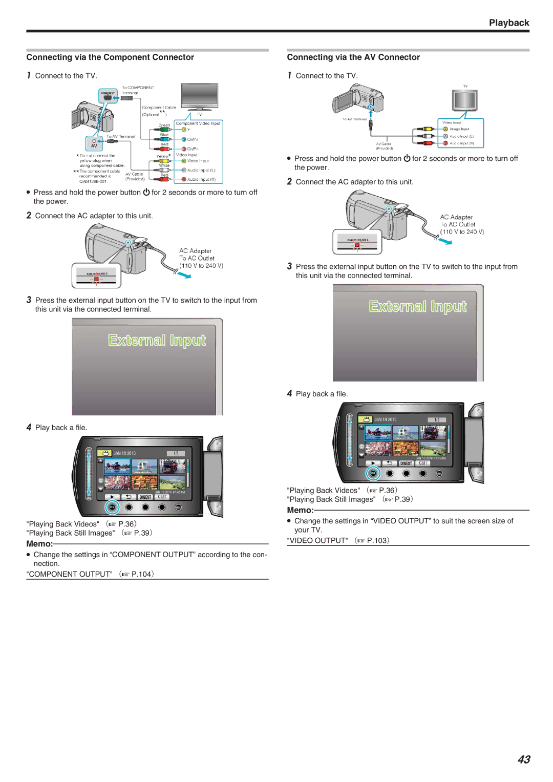 JVC GZ-HM340 manual Component Output （A P.104） 