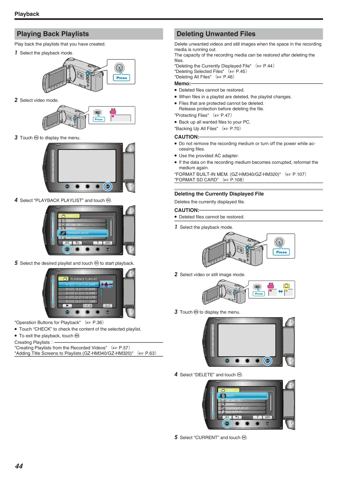 JVC GZ-HM340 manual Playing Back Playlists, Deleting Unwanted Files, Deleting the Currently Displayed File 