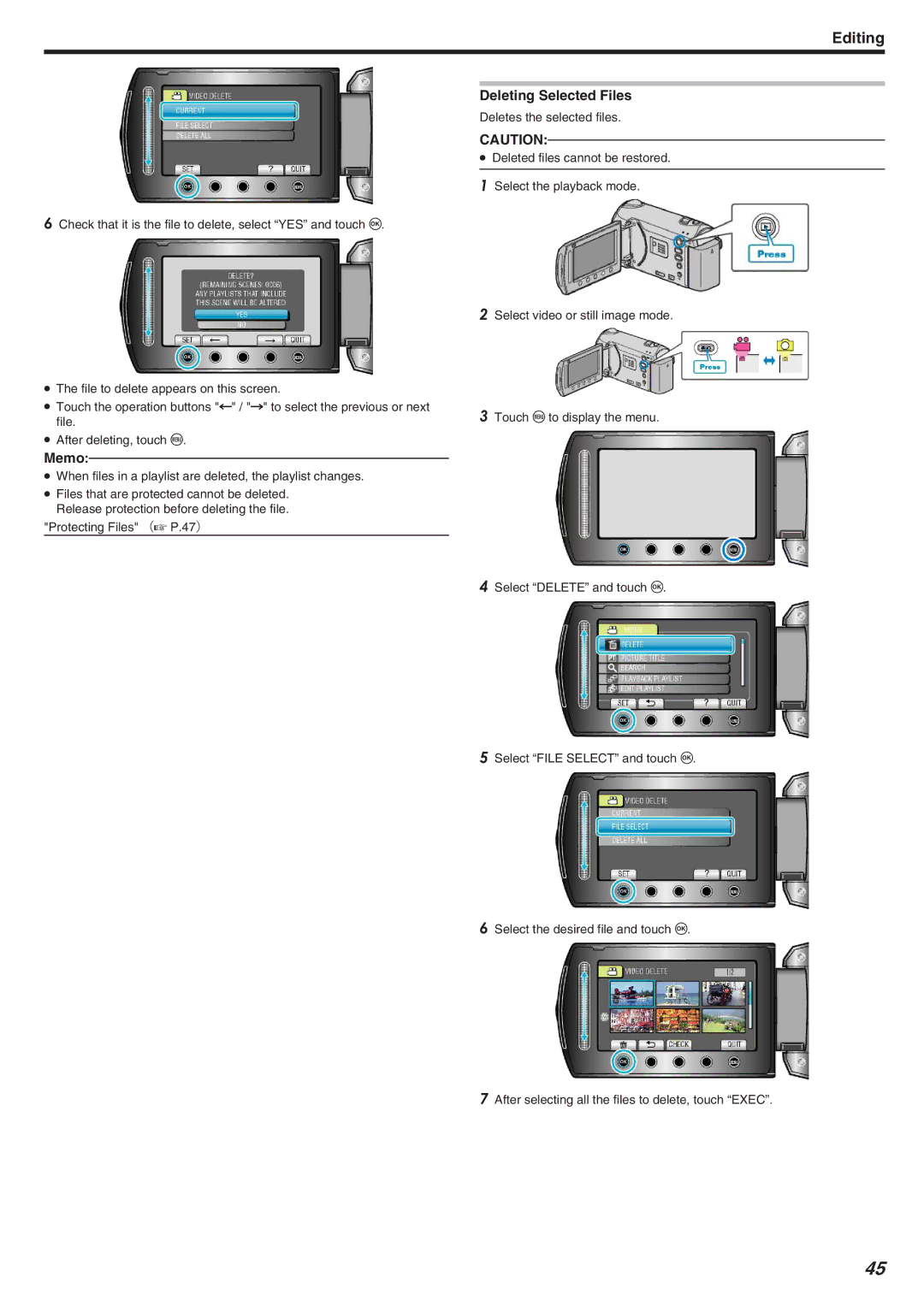 JVC GZ-HM340 manual Deleting Selected Files 