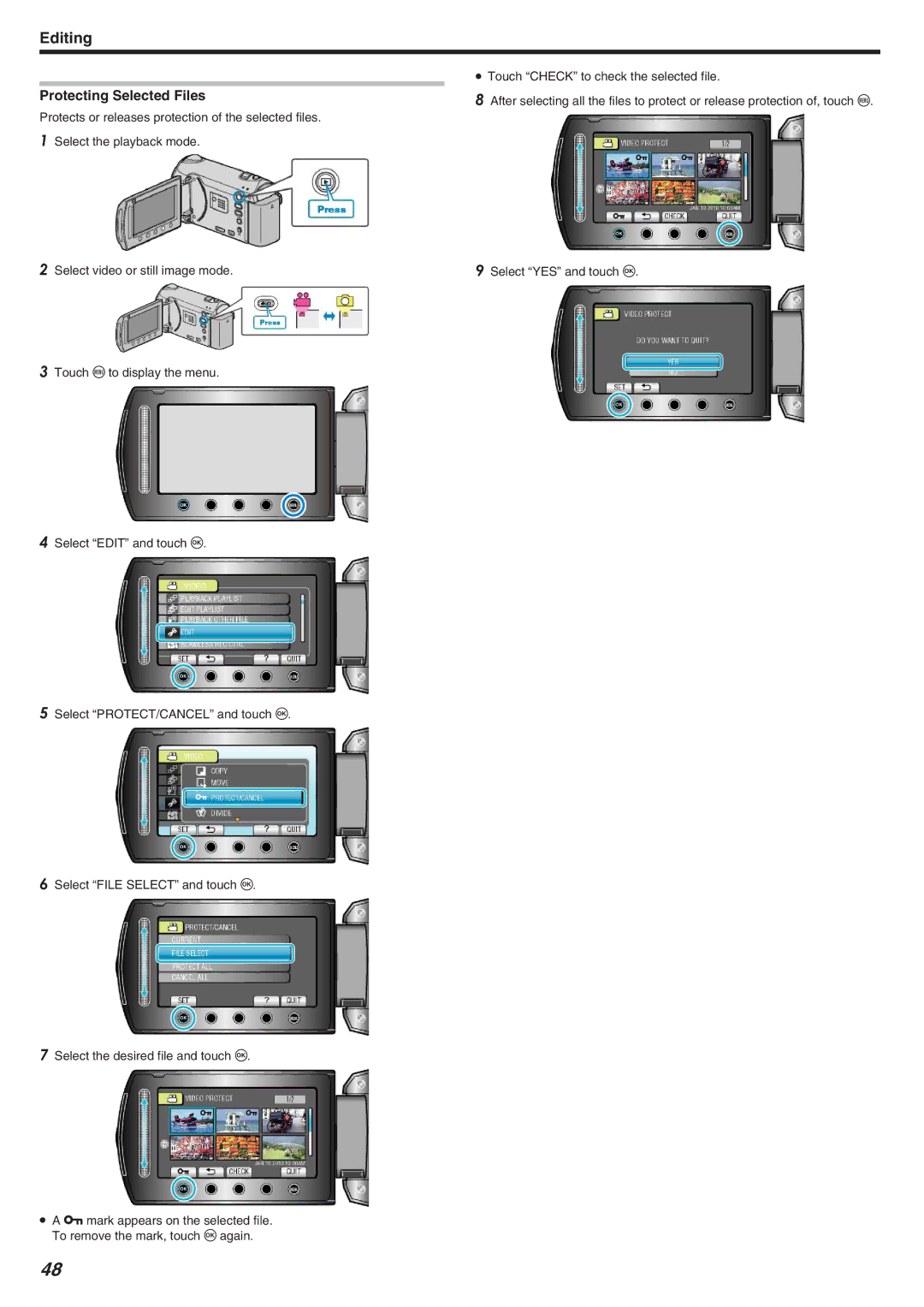 JVC GZ-HM340 manual Protecting Selected Files 