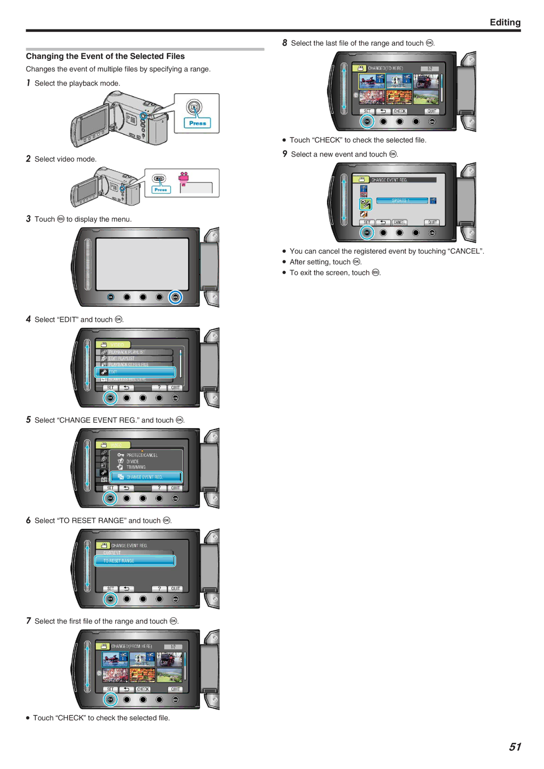 JVC GZ-HM340 manual Changing the Event of the Selected Files 