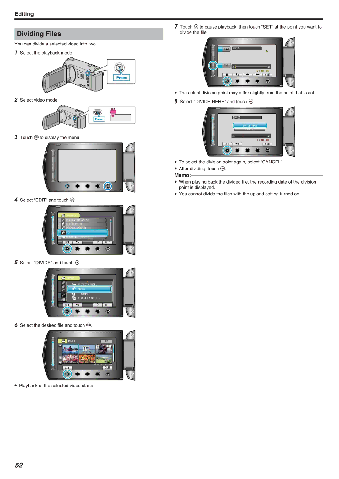 JVC GZ-HM340 manual Dividing Files 