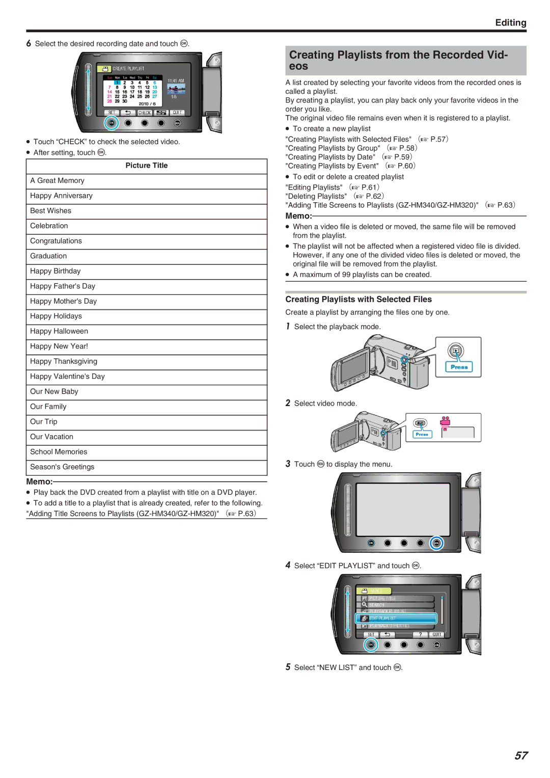 JVC GZ-HM340 manual Creating Playlists from the Recorded Vid- eos, Creating Playlists with Selected Files, Picture Title 