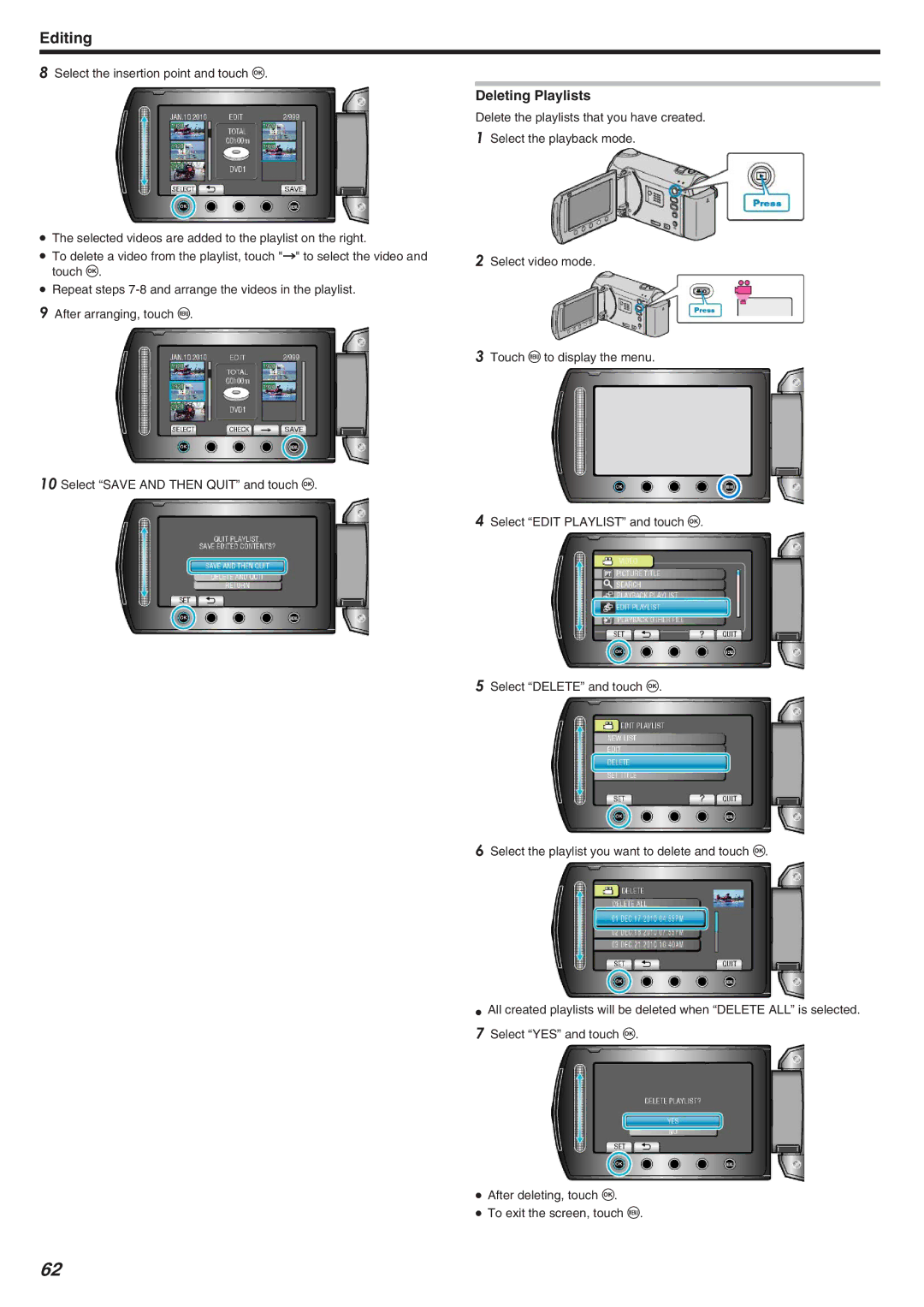 JVC GZ-HM340 manual Deleting Playlists 