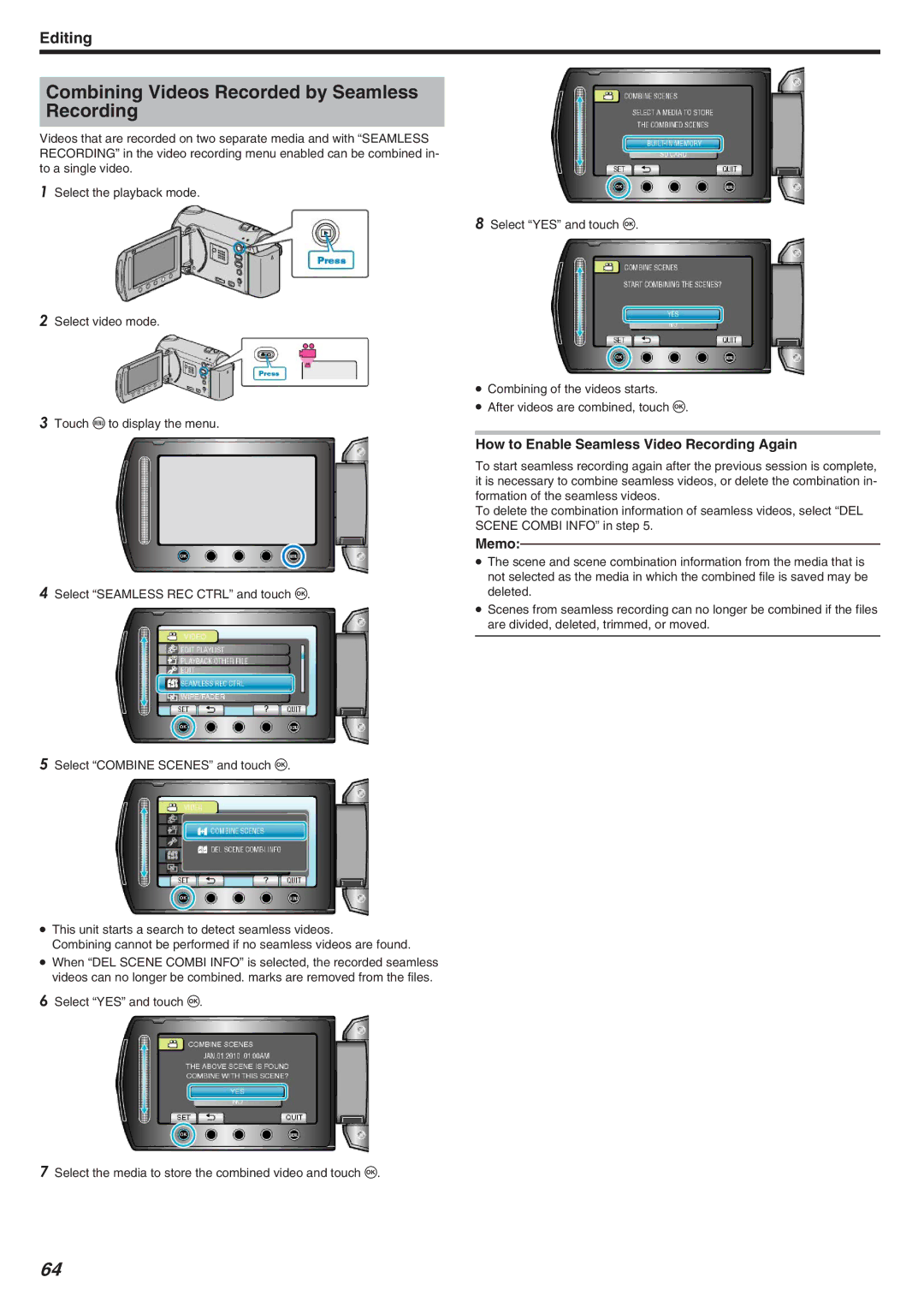 JVC GZ-HM340 manual Combining Videos Recorded by Seamless Recording, How to Enable Seamless Video Recording Again 