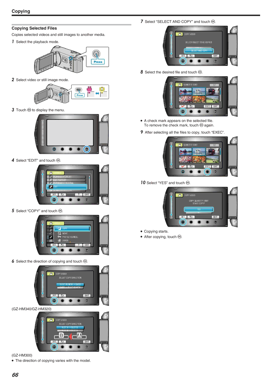 JVC GZ-HM340 manual Copying Selected Files 