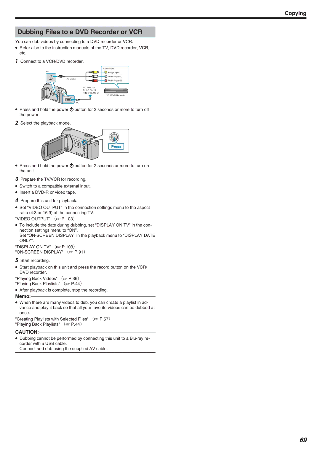 JVC GZ-HM340 manual Dubbing Files to a DVD Recorder or VCR, Video Output （A P.103） 