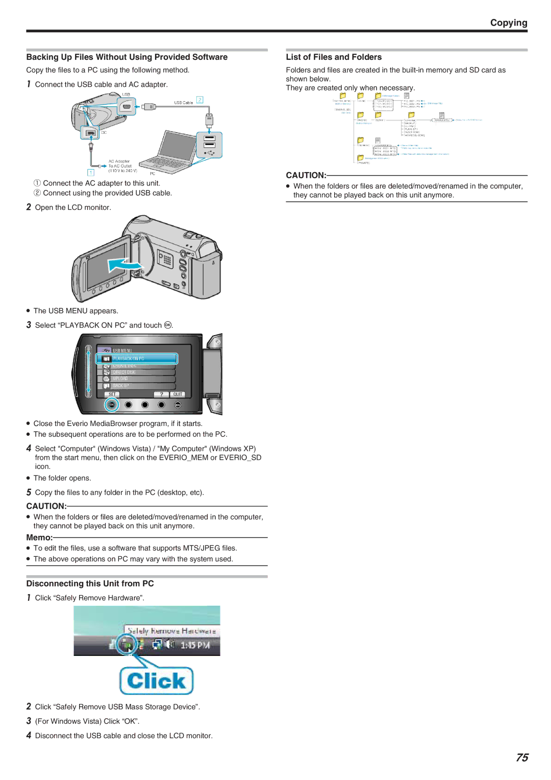 JVC GZ-HM340 manual Backing Up Files Without Using Provided Software, List of Files and Folders 