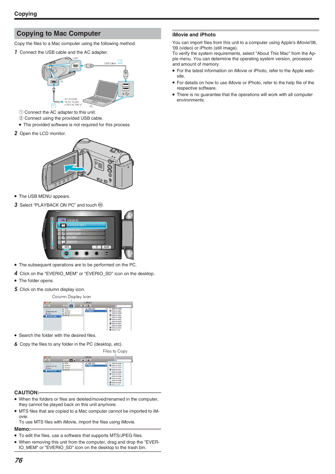 JVC GZ-HM340 manual Copying to Mac Computer, IMovie and iPhoto 