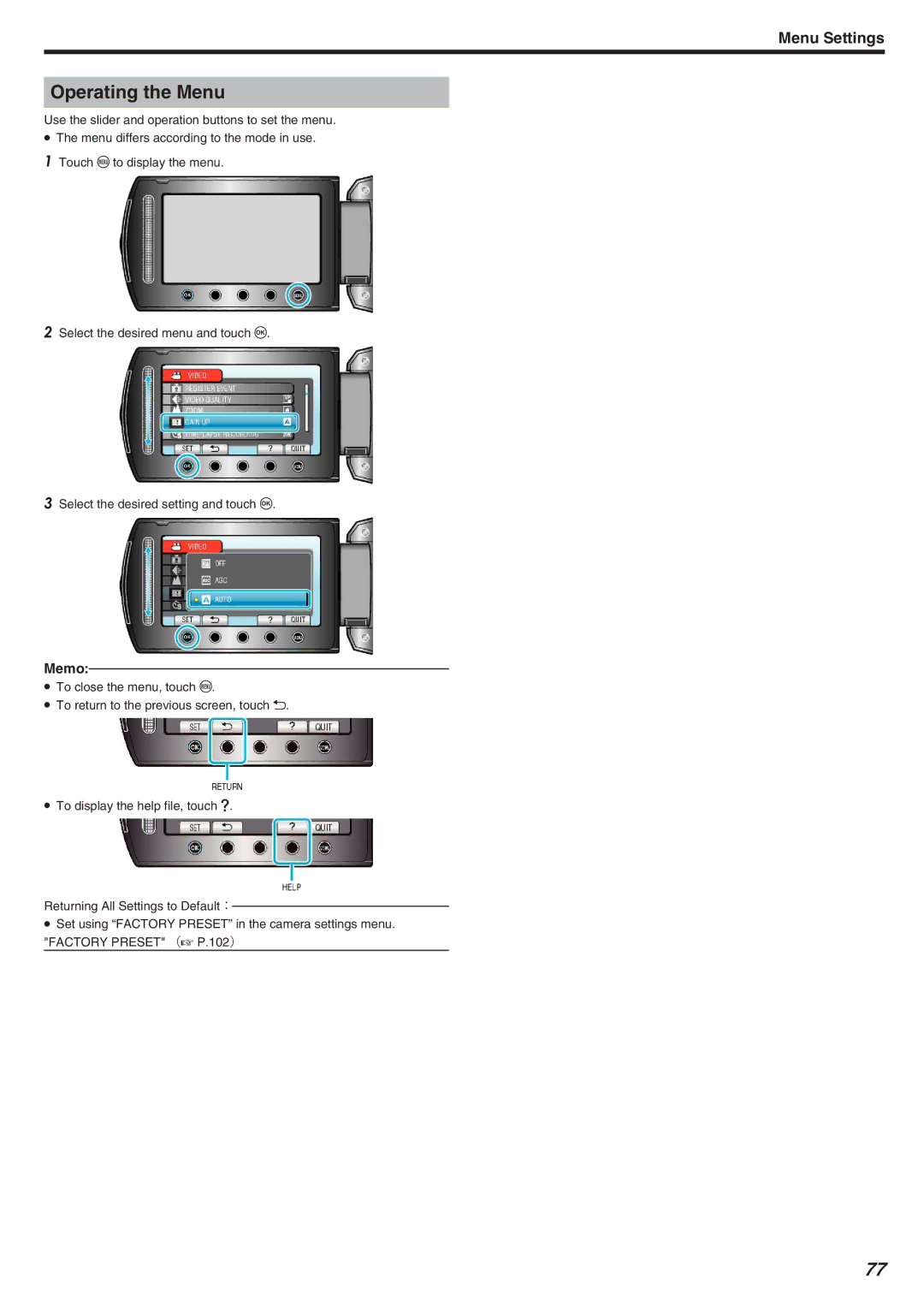 JVC GZ-HM340 manual Operating the Menu 