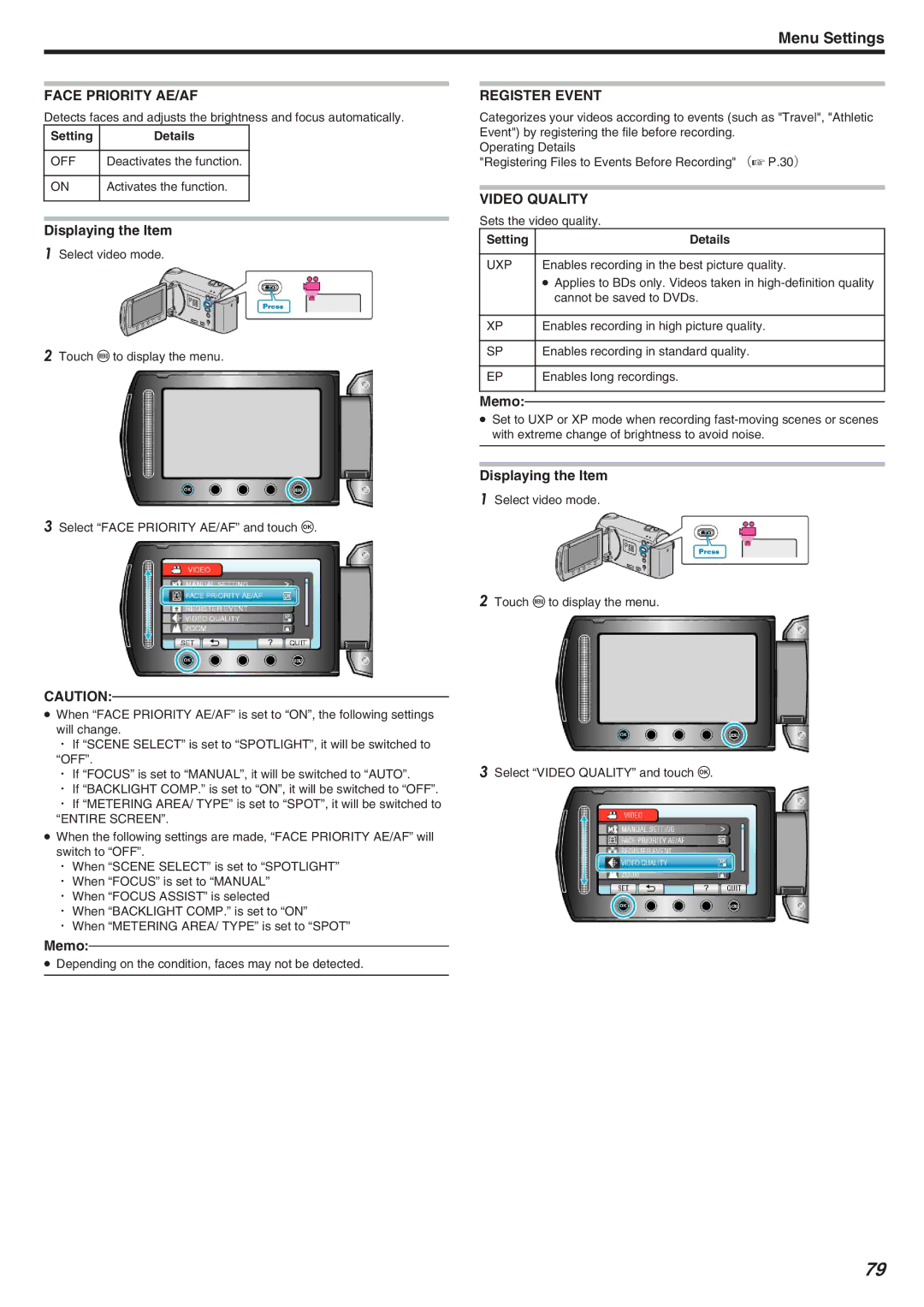 JVC GZ-HM340 manual Face Priority AE/AF, Displaying the Item, Register Event, Video Quality, Uxp 