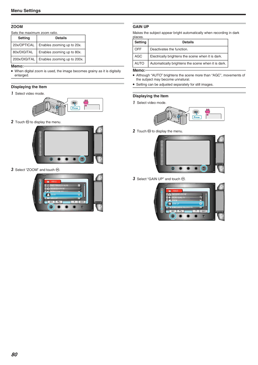 JVC GZ-HM340 manual Zoom, Gain UP, Agc 