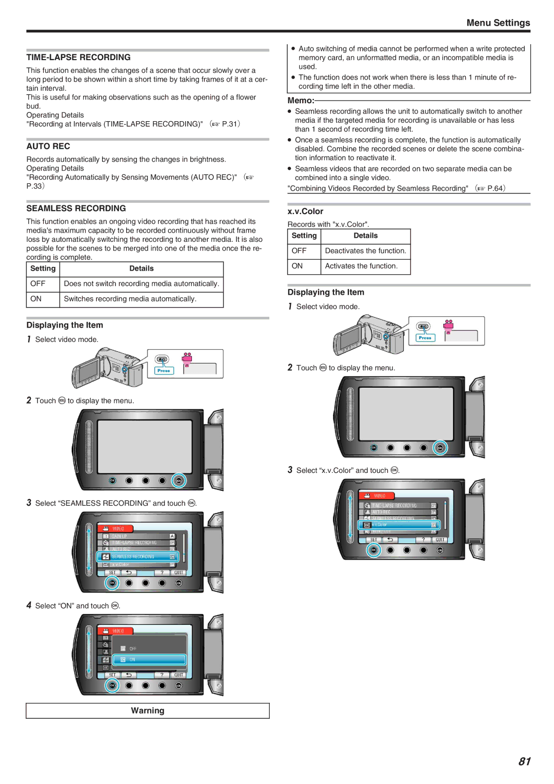 JVC GZ-HM340 manual TIME-LAPSE Recording, Auto REC, Seamless Recording, Color 