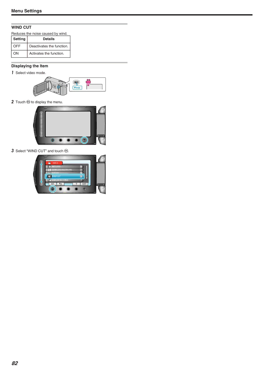 JVC GZ-HM340 manual Wind CUT 