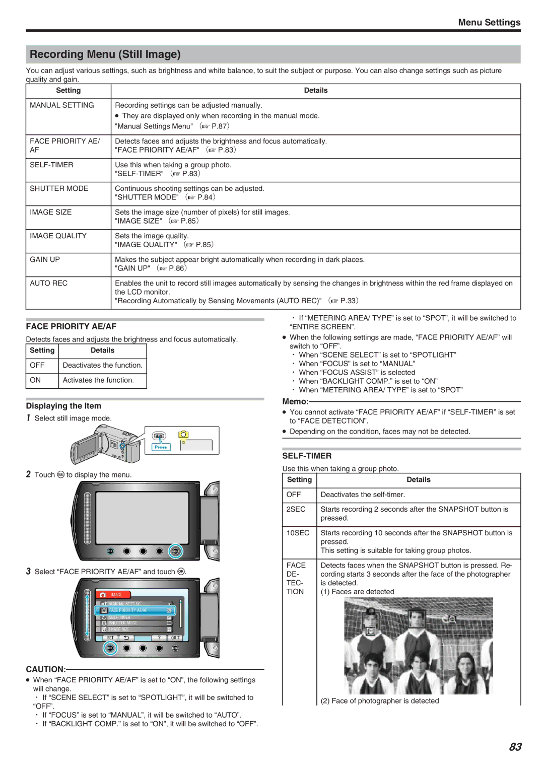 JVC GZ-HM340 manual Recording Menu Still Image, Self-Timer 