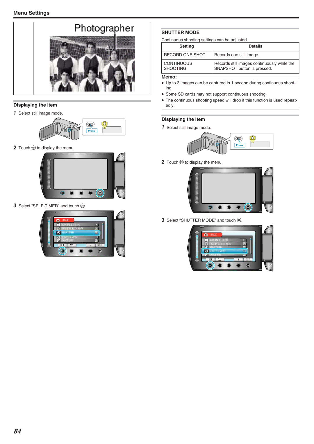 JVC GZ-HM340 manual Shutter Mode, Record ONE Shot, Continuous, Shooting 