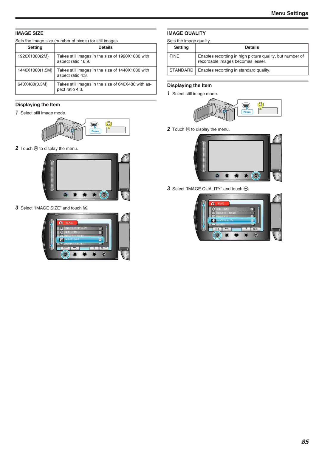 JVC GZ-HM340 manual Image Size, Image Quality 