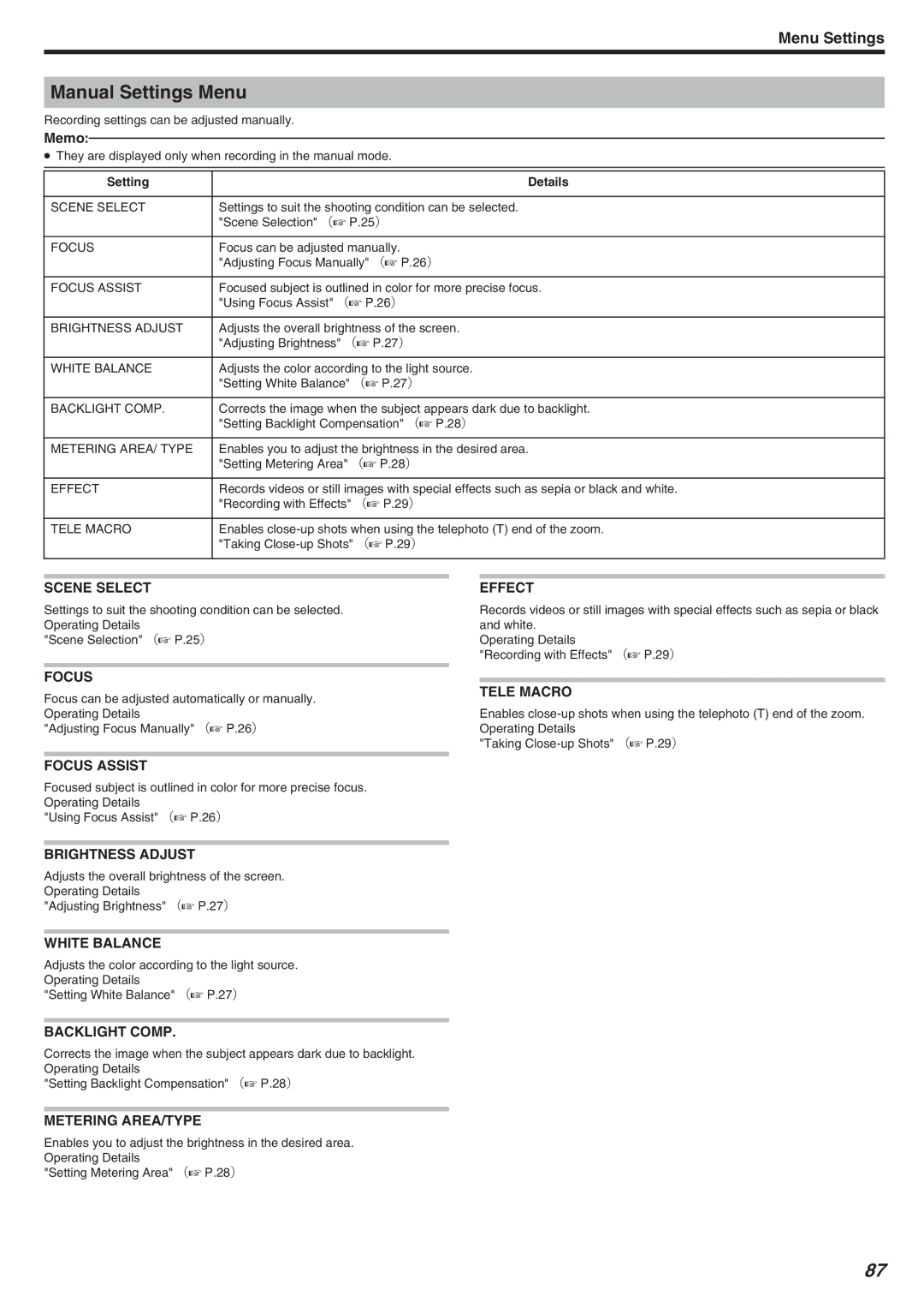 JVC GZ-HM340 manual Manual Settings Menu 