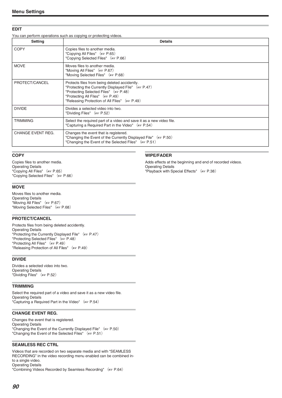 JVC GZ-HM340 manual Edit, Copy WIPE/FADER, Move, Protect/Cancel, Divide, Trimming, Change Event REG, Seamless REC Ctrl 