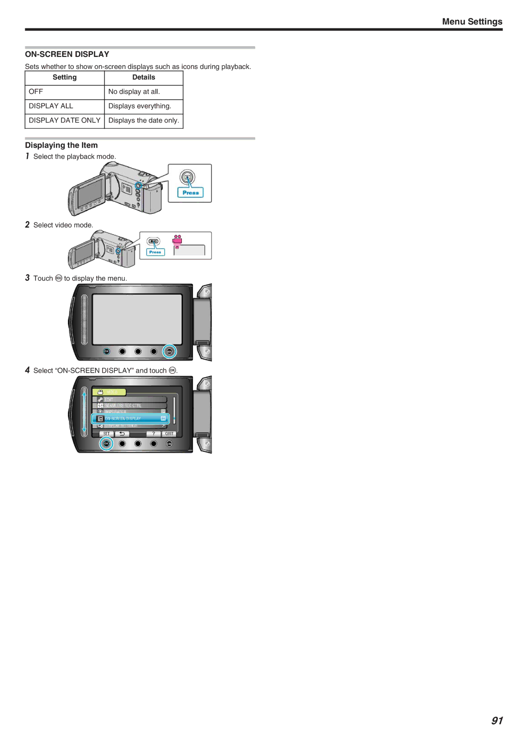 JVC GZ-HM340 manual ON-SCREEN Display, Display ALL, Display Date only 