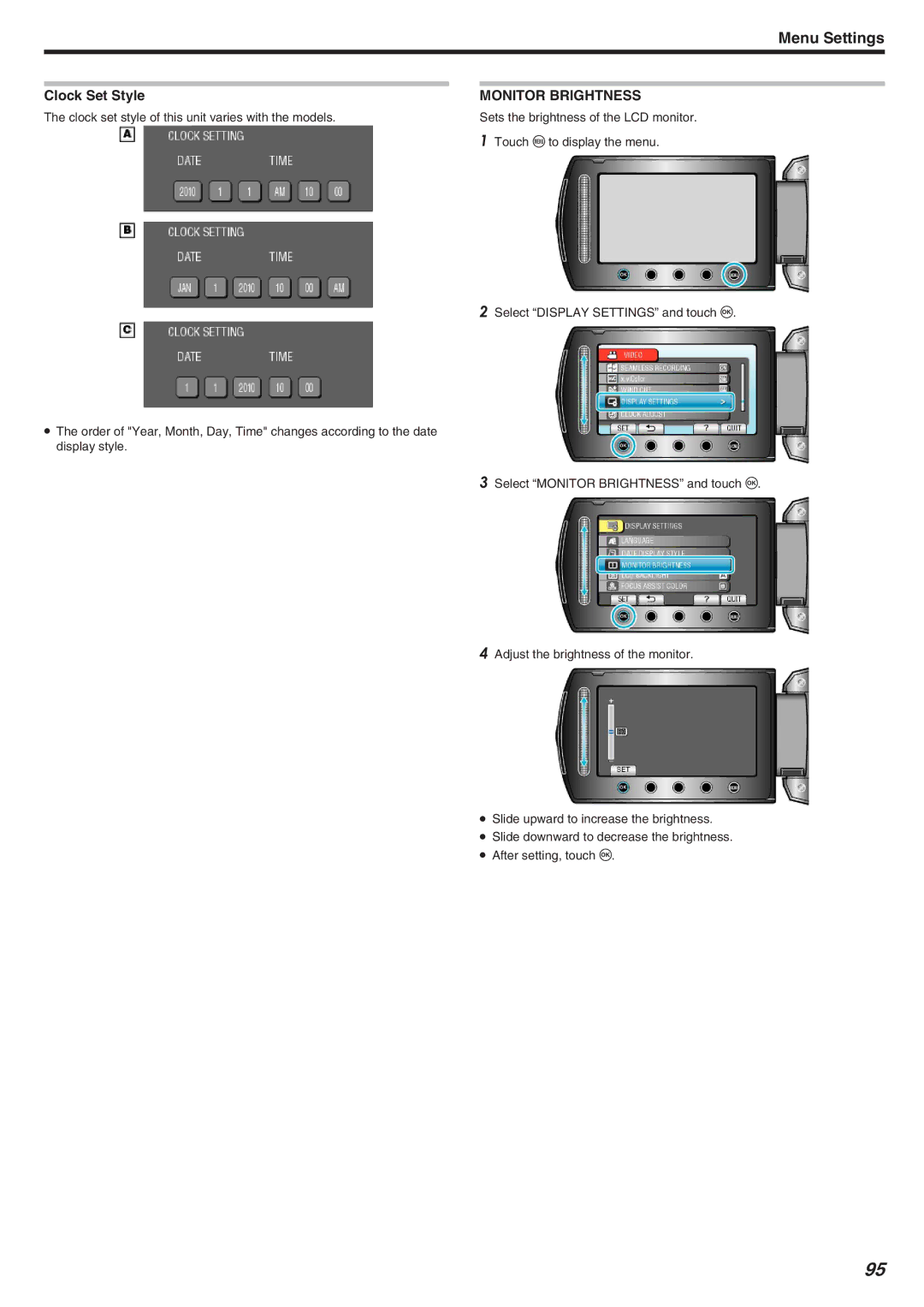 JVC GZ-HM340 manual Clock Set Style, Monitor Brightness 