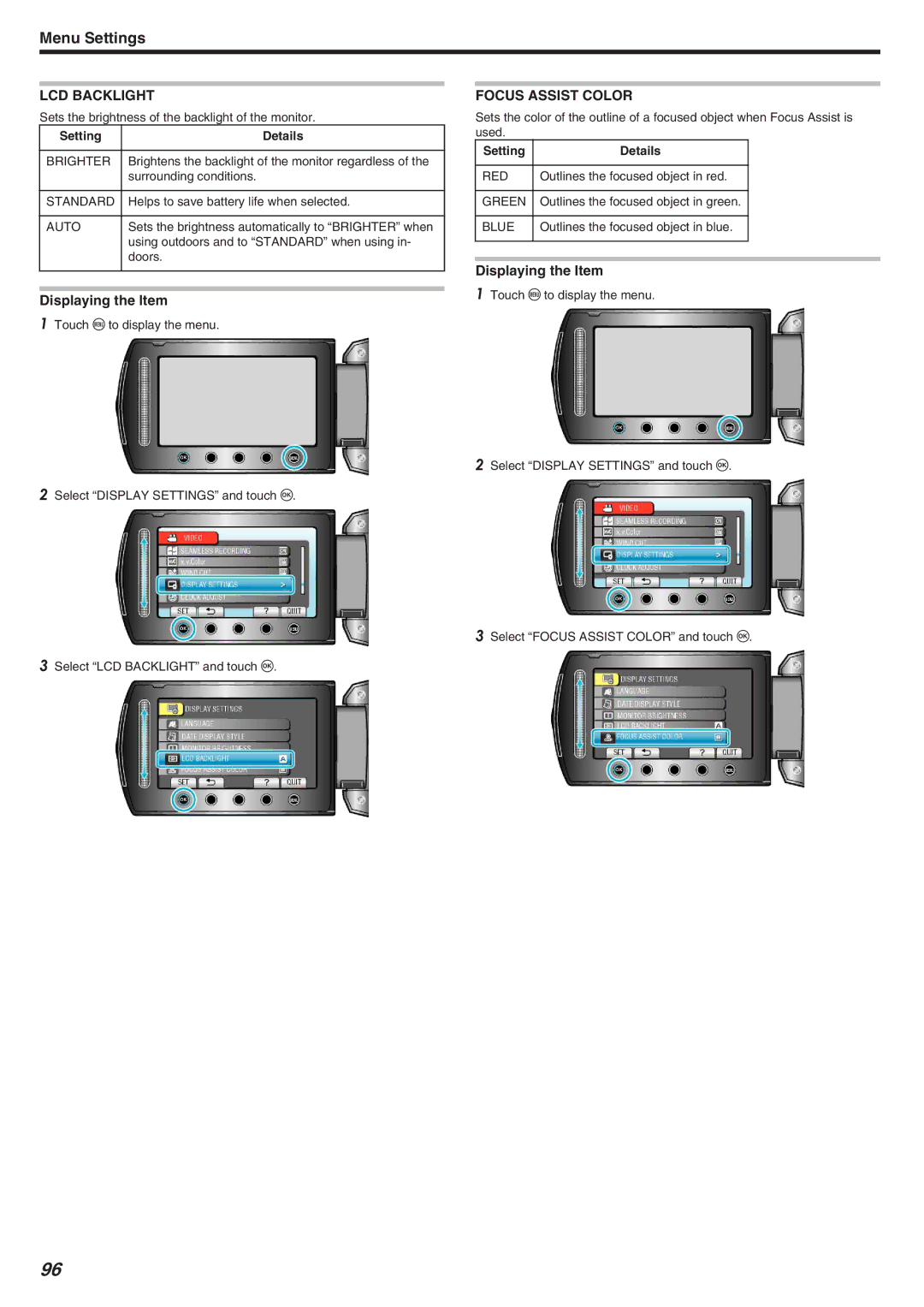 JVC GZ-HM340 manual LCD Backlight, Focus Assist Color 