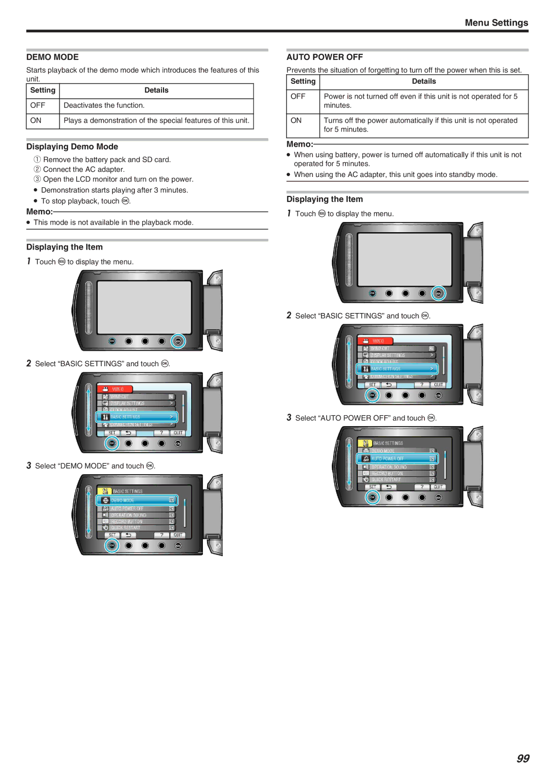 JVC GZ-HM340 manual Displaying Demo Mode, Auto Power OFF 