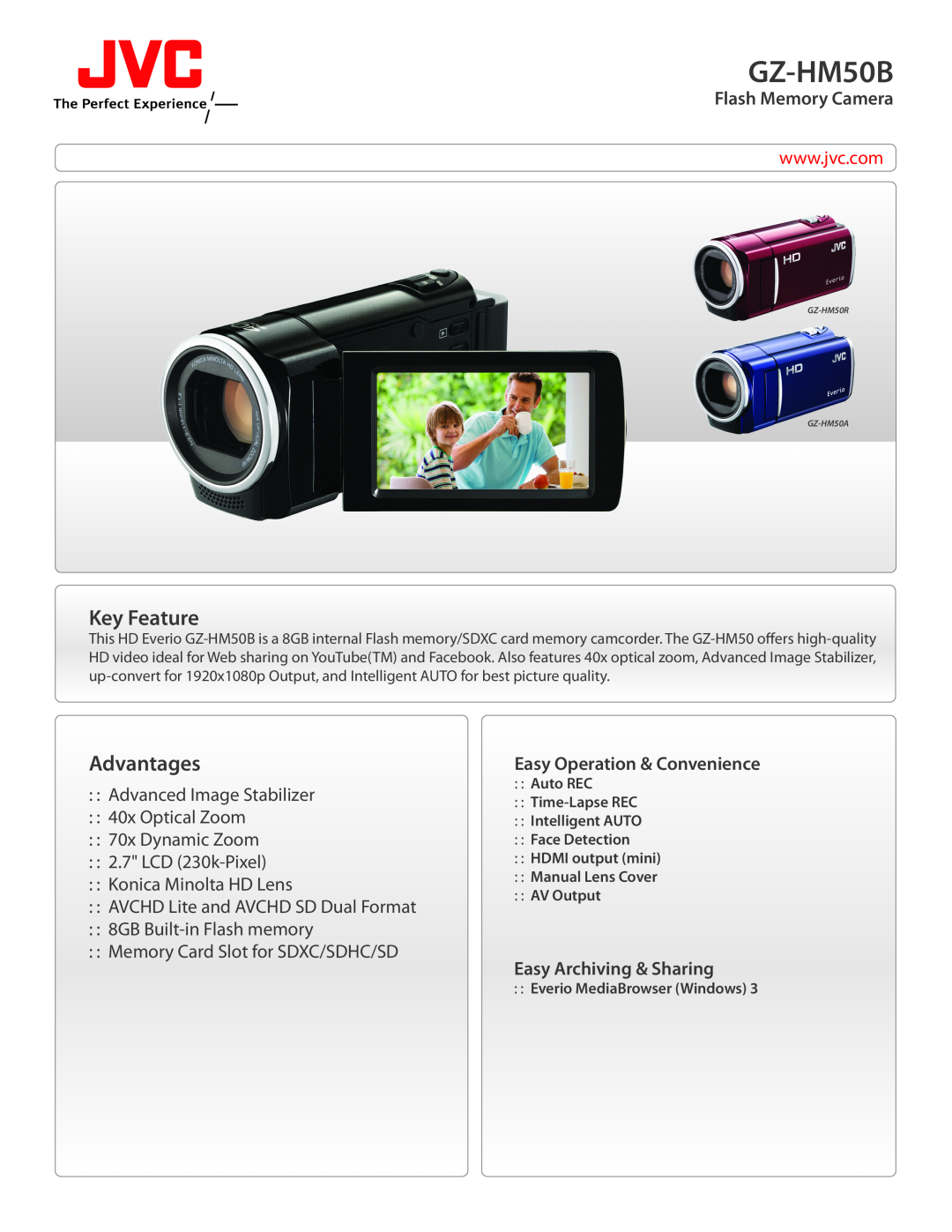 JVC GZ-HM50R manual GZ-HM50B, Key Feature, Advantages, Flash Memory Camera, LCD 230k-Pixel Konica Minolta HD Lens 