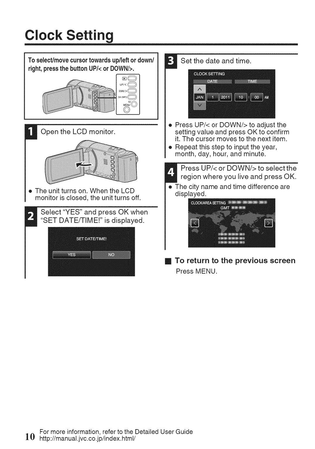 JVC GZ-HM50U manual Clock Setting, To return to the previous screen Press Menu 