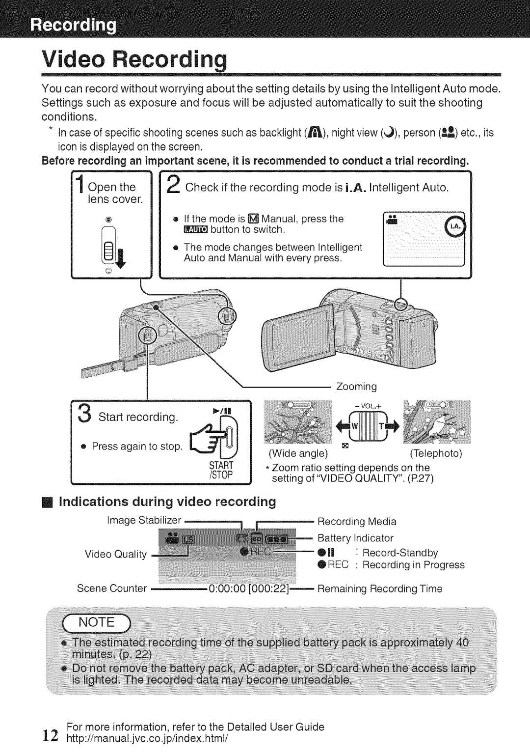 JVC GZ-HM50U manual Video Recording, Indications during video recording Image Stabilizer 