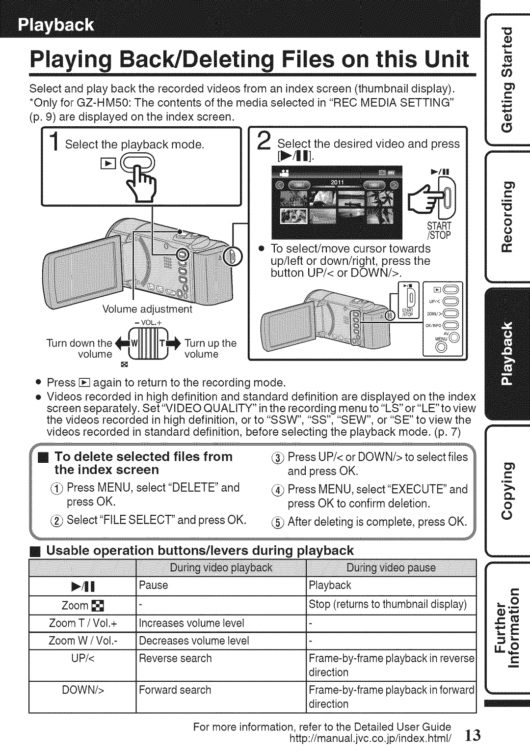 JVC GZ-HM50U manual Playing Back/Deleting Files on this Unit, Playback, Down 