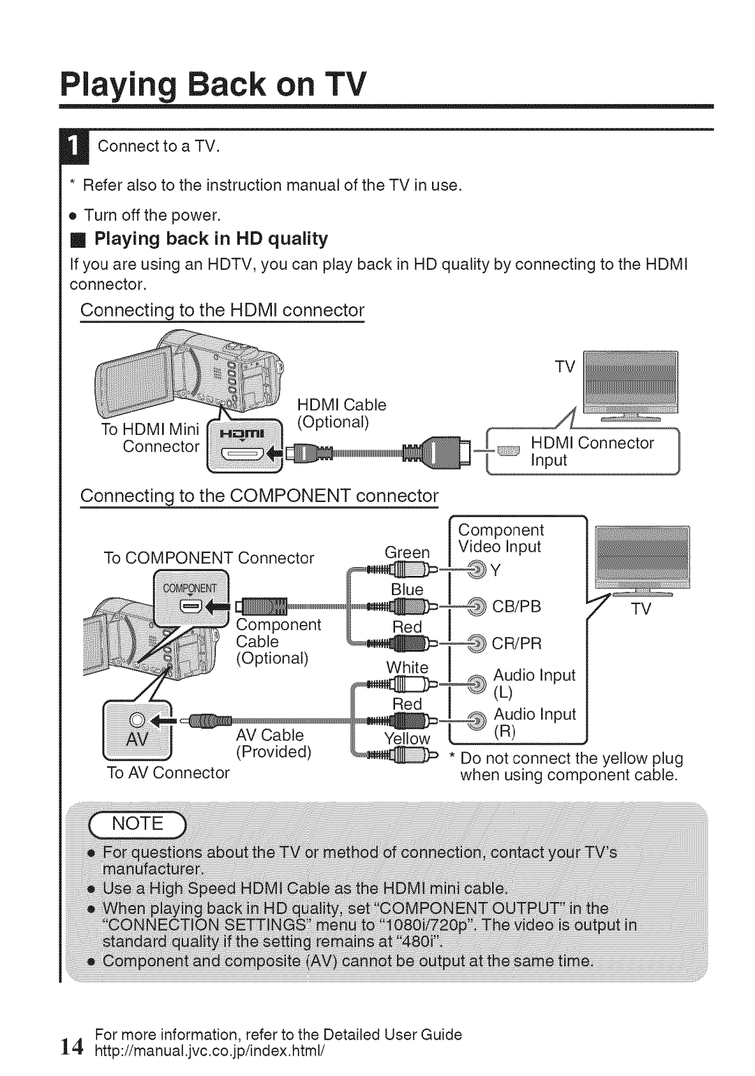 JVC GZ-HM50U Playing Back on TV, Connecting to the Hdmi connector, Connecting to the Component connector, Cb/Pb Cr/Pr 