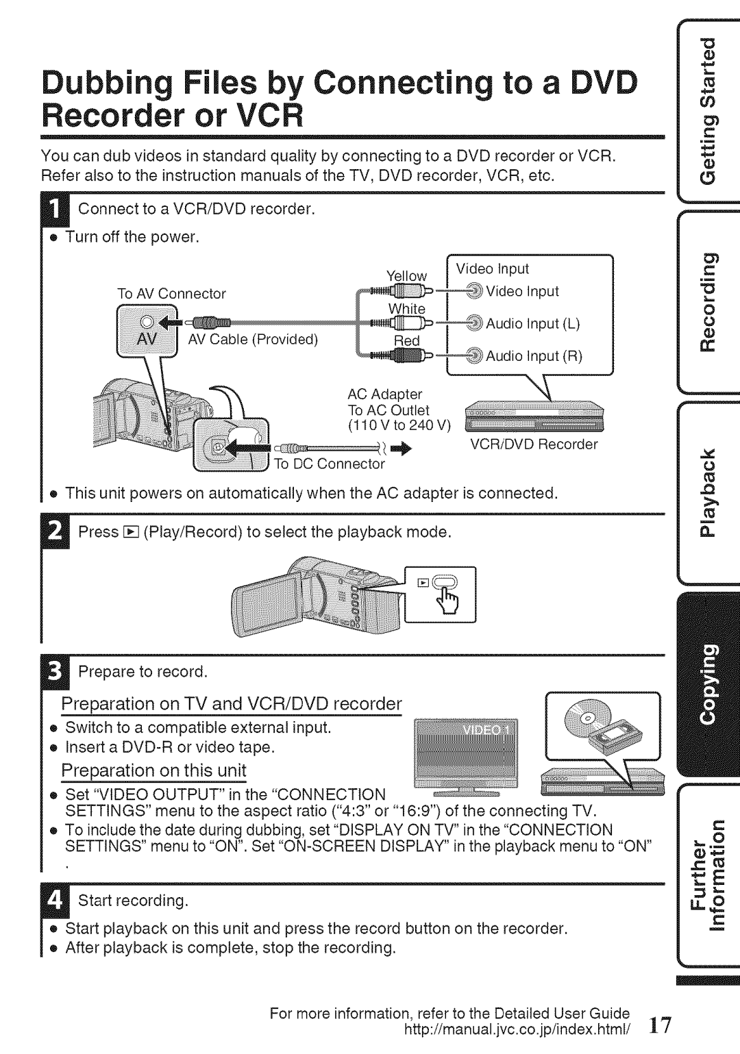 JVC GZ-HM50U manual Dubbing Files by Connecting to a DVD Recorder or VCR, AVCable Provided 